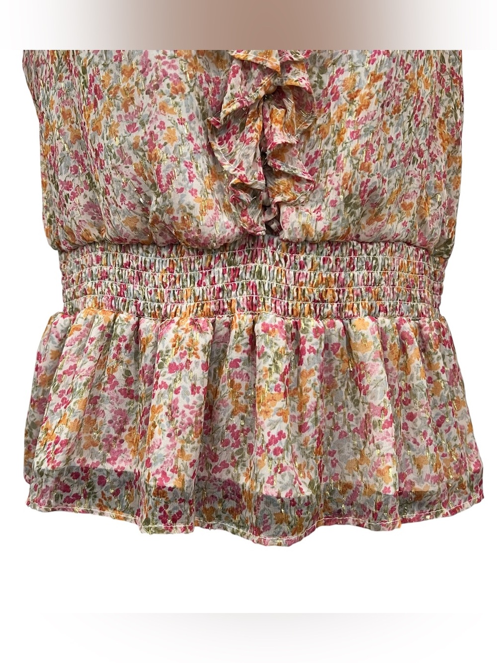 Parker Floral Ruffle Blouse Medium Cream/Pink/Orange/Green Gold Metallic Peplum - Picture 4 of 11